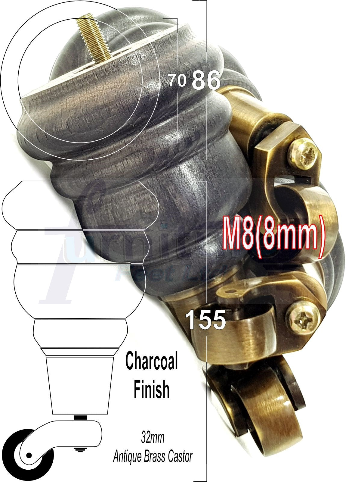 4 Turned Wood Furniture Feet With Antique Brass Castors 155mm Legs Sofas Chairs Stools Cabinets Beds M8 6 Inches
