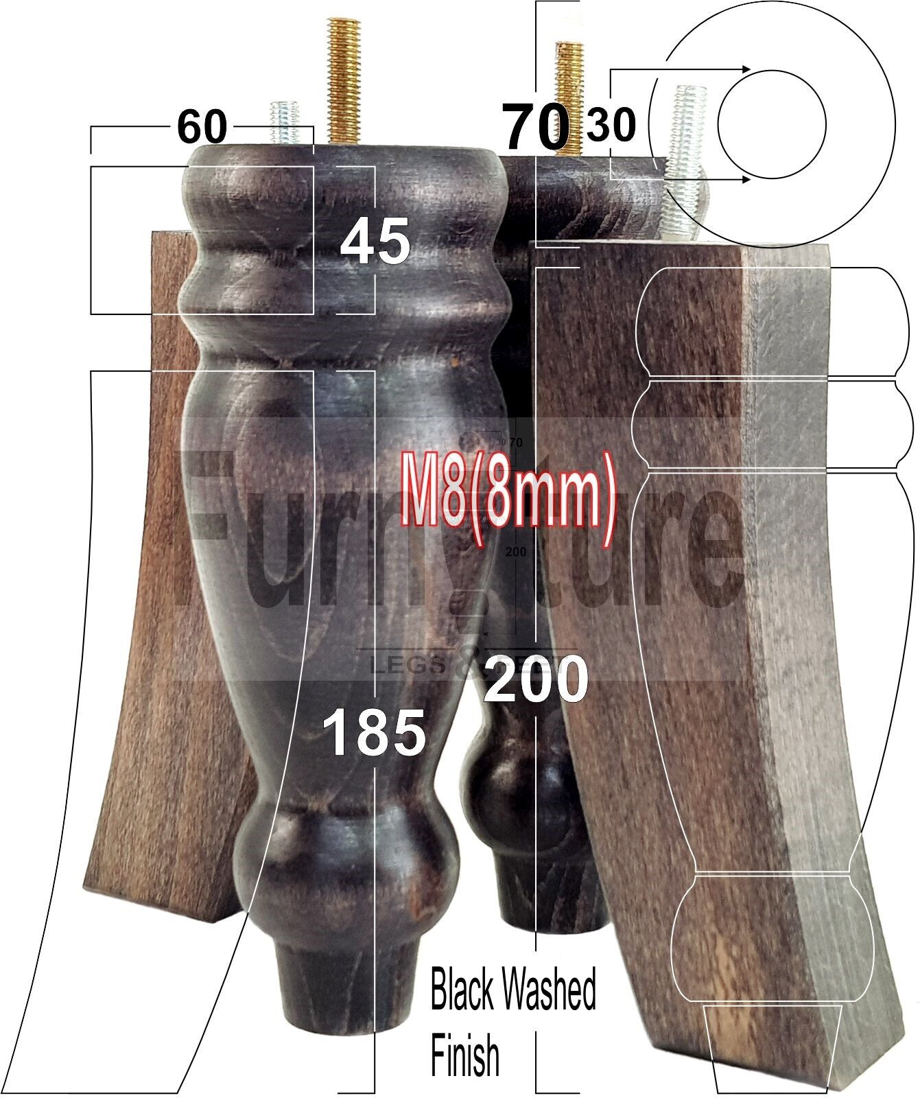 2 Traditional Turned Furniture Feet Replacement Sofa Legs 200mm & 2 Curved Back Legs 185mm for Chairs Stools Sofa Beds Settee Cabinets M8