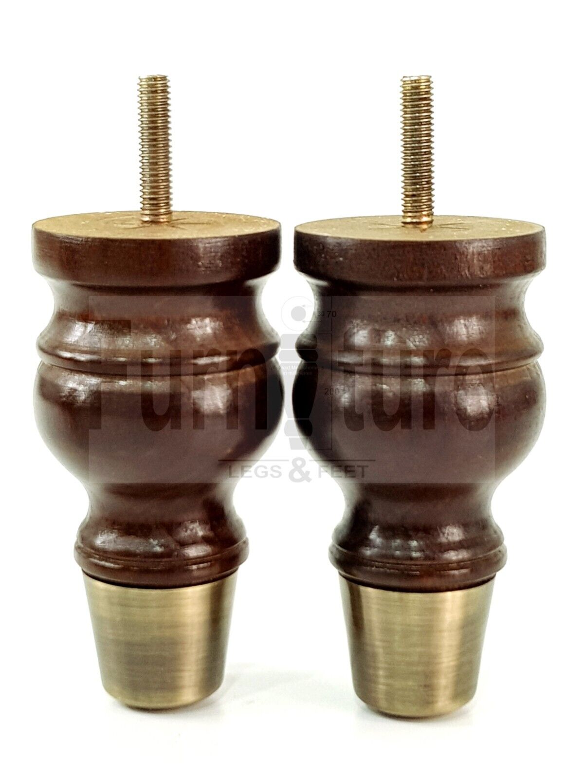 4x Turned Wooden Furniture Leg Antique Brass Slipper Cup Sofa, Chair Feet 110mm High M8