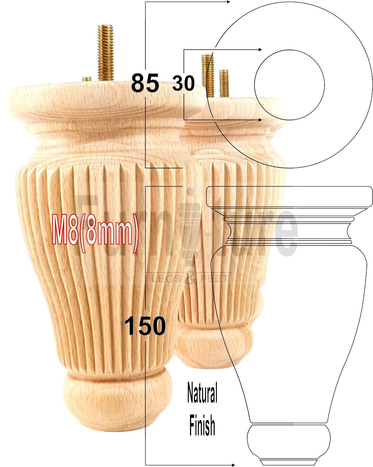 4 Solid Wood Traditional Turned Furniture Legs Replacement Bun Feet 150mm High Multiple Colours Chairs Stools Sofas Beds Settee Cabinets M8