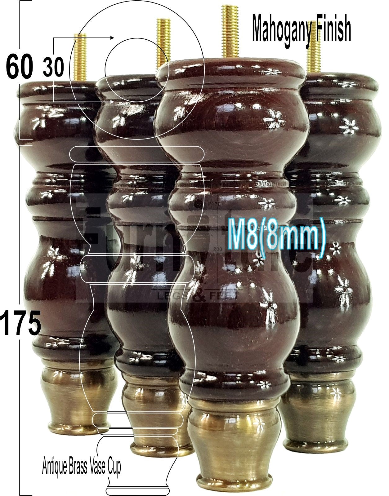 4x Furniture Feet With Slipper Cup 175mm High Legs Mahogany Finish Wood M8 Sofas Chairs Cabinets