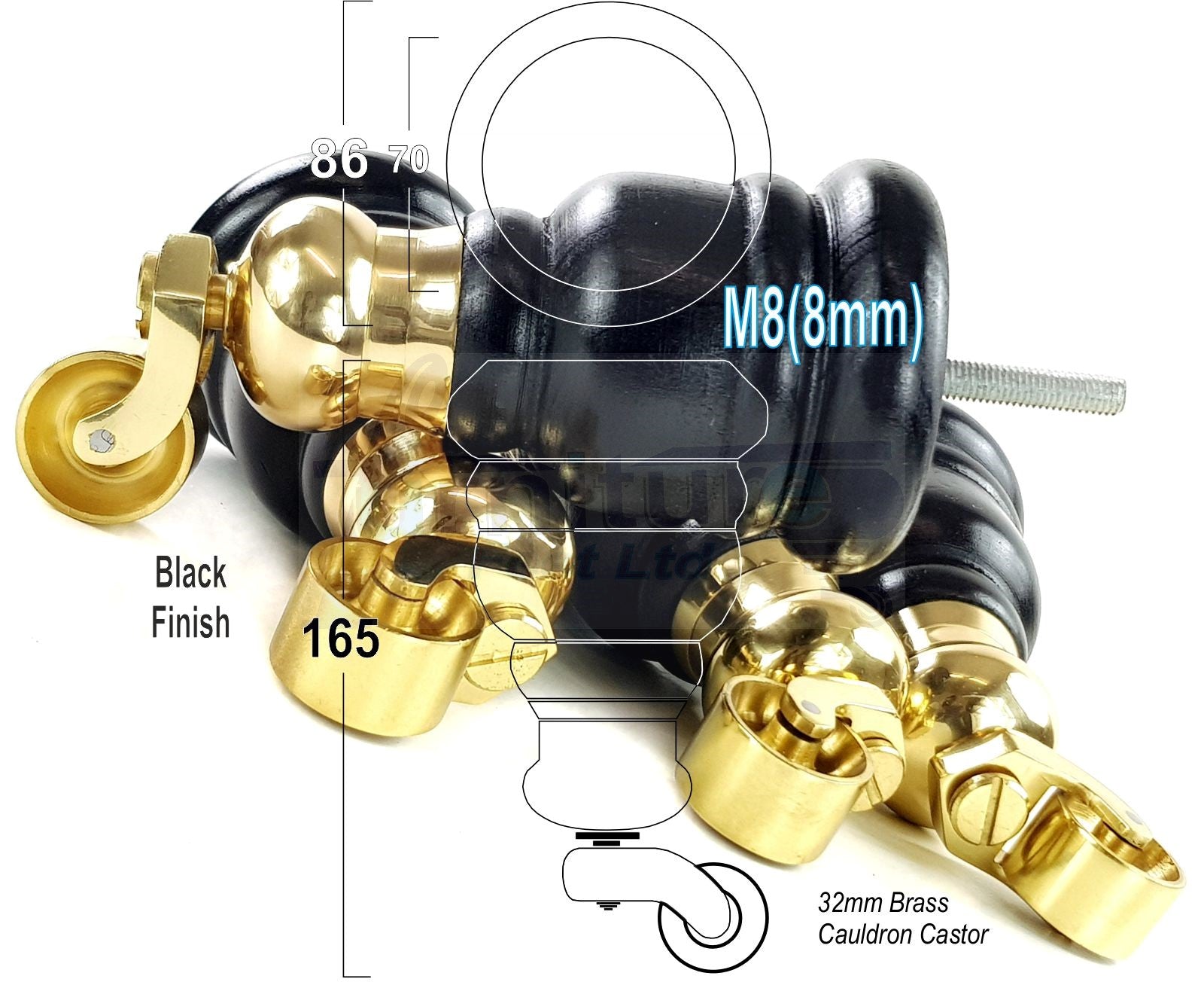 4 Turned Wood Furniture Feet With Brass Cauldron Castors 160mm Legs Sofas Chairs Stools Cabinets Beds M8 6 Inches
