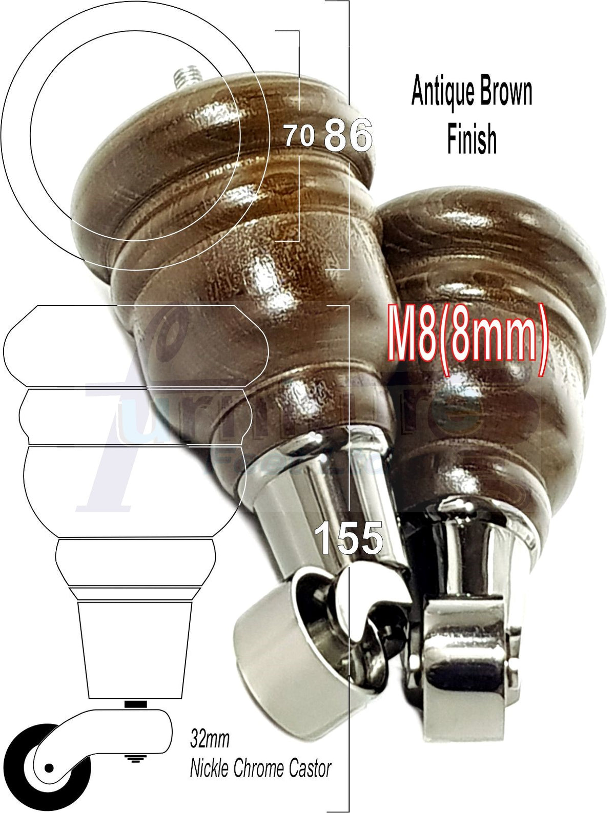 4 Turned Wooden Replacement Furniture Legs with Castors 6 Inch 155mm High Sofa Feet M8 Dowl Fixing - Black Castor