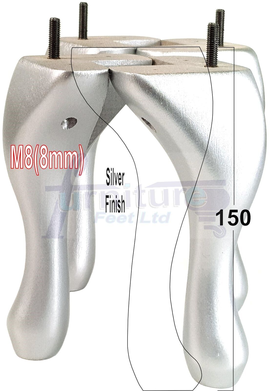 4 Solid Wood Furniture Feet 150mm High Queen Anne Replacement Legs M8 (8mm) 6 Inches Chair Stools Bed Sofa Georgian Style