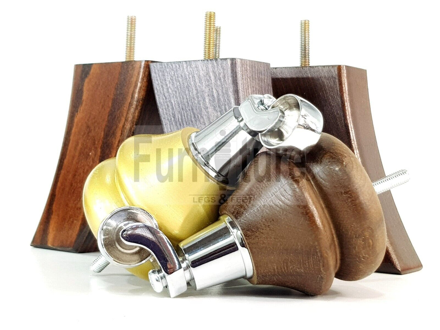 Turned Wood Furniture Feet 2 With Chrome Castors 140mm & 2 Curved Back Legs Sofas Chairs Stools Cabinets Beds M8