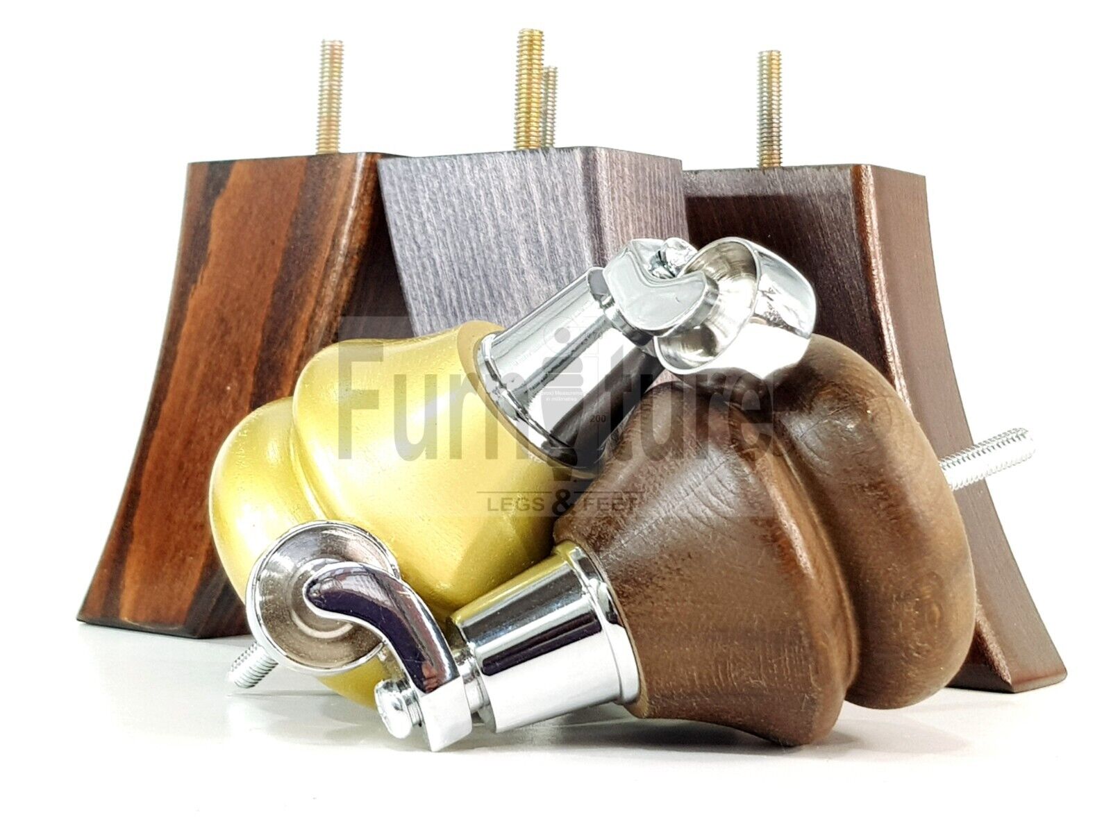 Turned Wood Furniture Feet 2 With Chrome Castors 140mm & 2 Curved Back Legs Sofas Chairs Stools Cabinets Beds M8