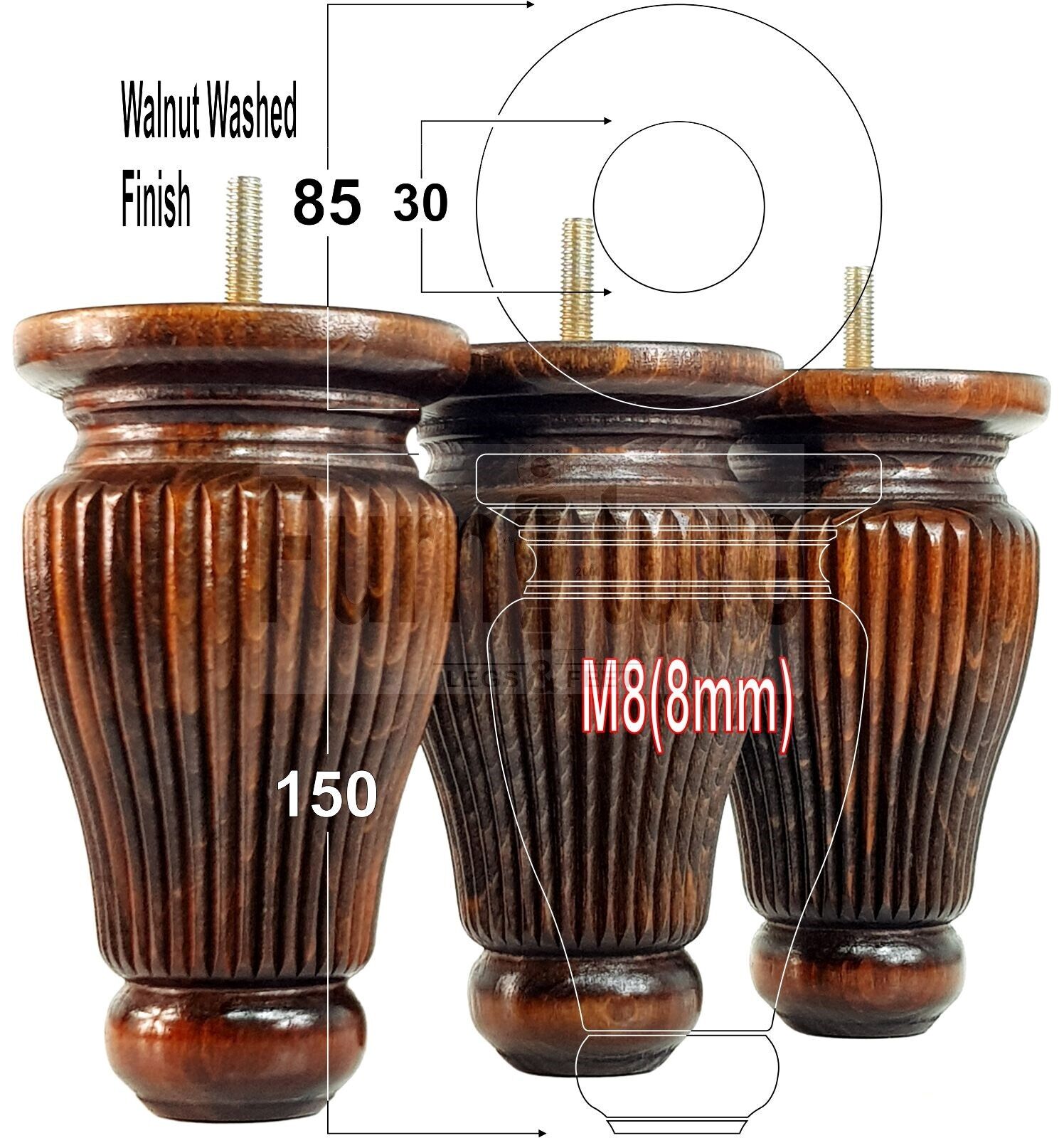 4 Solid Wood Traditional Turned Furniture Legs Replacement Bun Feet 150mm High Multiple Colours Chairs Stools Sofas Beds Settee Cabinets M8