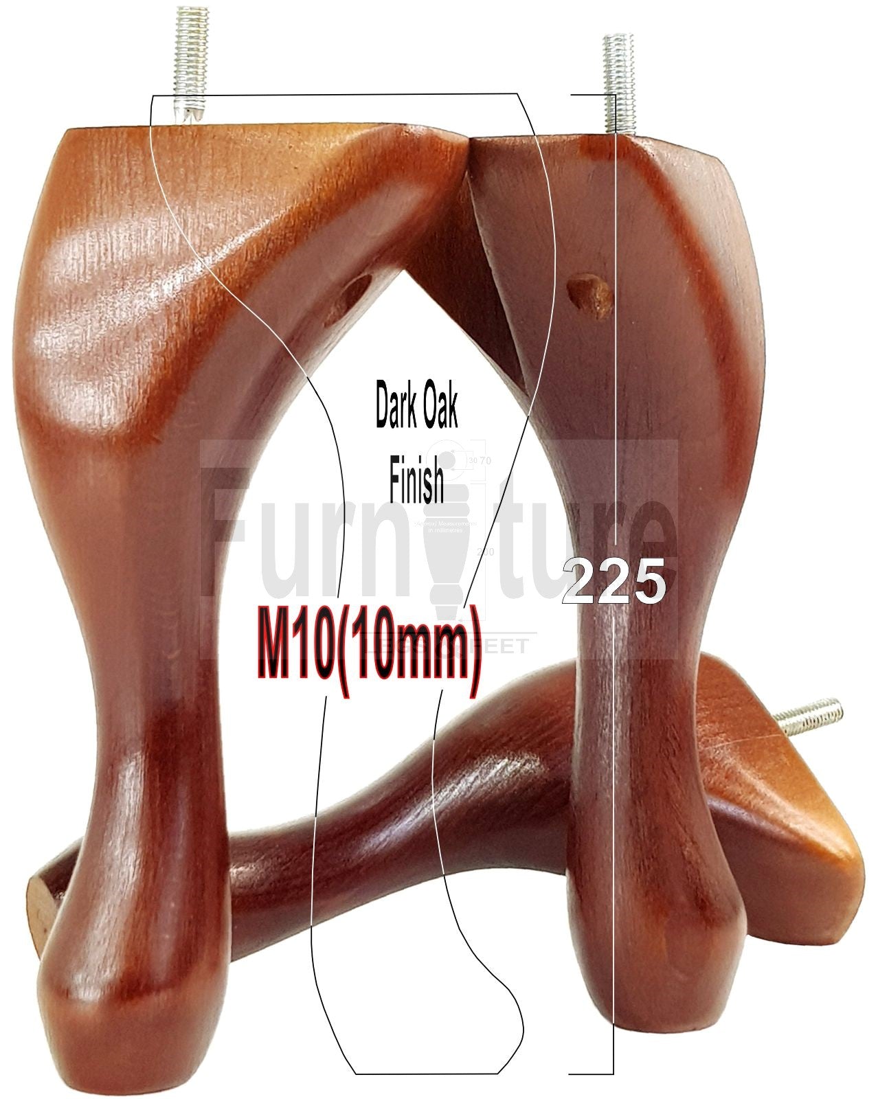 4 Solid Wood Furniture Legs 225mm High Queen Anne Replacement Feet Chairs Settees Sofas M10 Thread