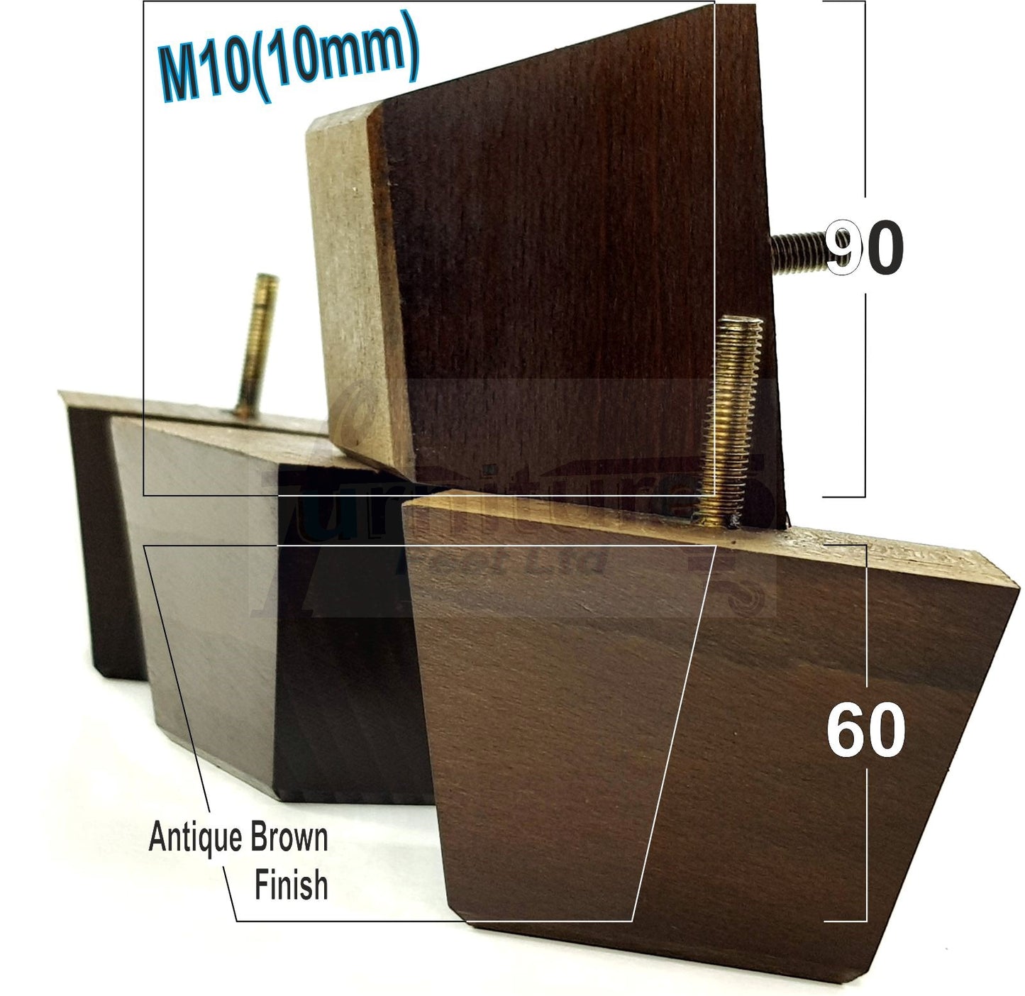 4x Square Wood Sofa Legs 60mm High Replacement Furniture Feet Chairs Cabinets M10 Thread