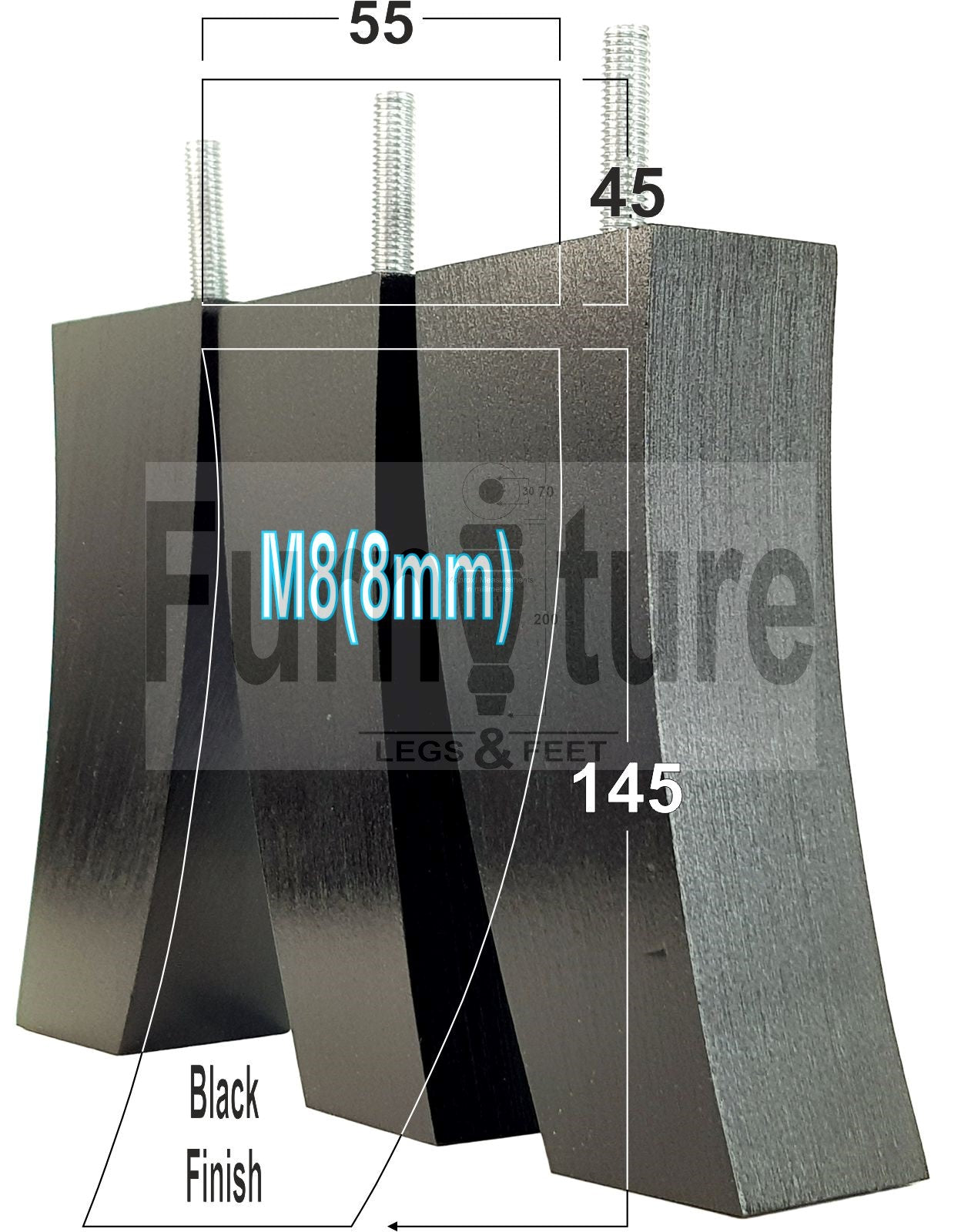 Set Of 4 Solid Wood Curved Furniture Feet Replacement Legs 145mm High M8(8mm)