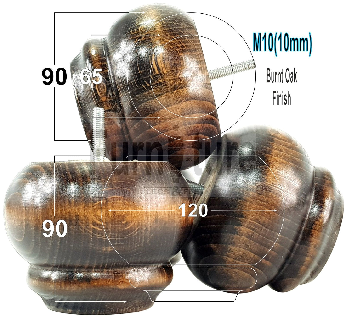 4 Turned Wooden Furniture Legs Replacement Feet 50mm High 10mm Thread For Settees, Chairs