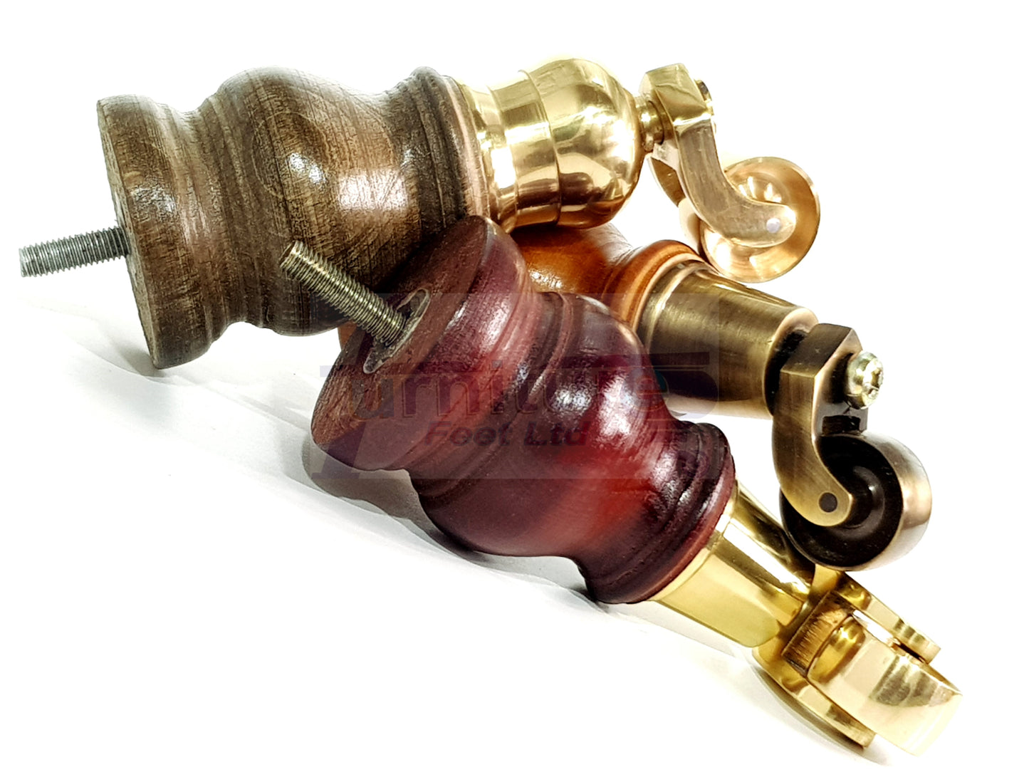 Set Of 4 Turned Wood Furniture Legs With 150mm High Castor 8mm Thread For Chairs Settees & Cabinets Antique Brown Stain