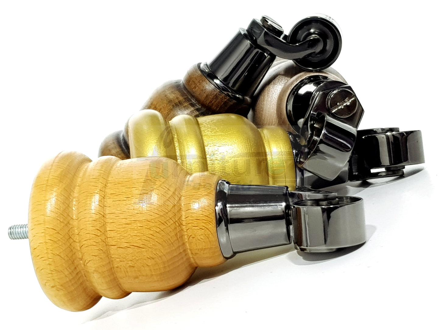 4 Turned Wood Furniture Feet With Black Chrome Castors 155mm Legs Sofas Chairs Stools Cabinets Beds M8 6 Inches