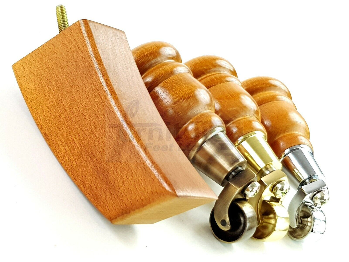 Turned Wood Furniture Feet Golden Oak 2 With Castors 155mm and 2 Curved Back Legs Sofas Chairs Stools Cabinets Beds M8 6 Inches