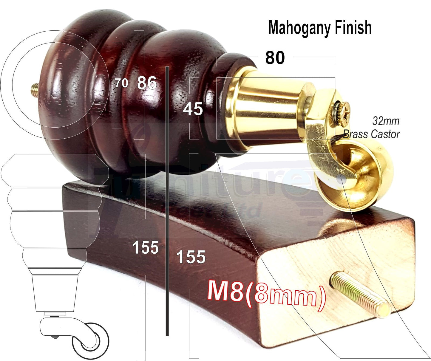 Mahogany Turned Wood Furniture Feet 2 With Castors 155mm and 2 Curved Back Legs Sofas Chairs Stools Cabinets Beds M8 6 Inches