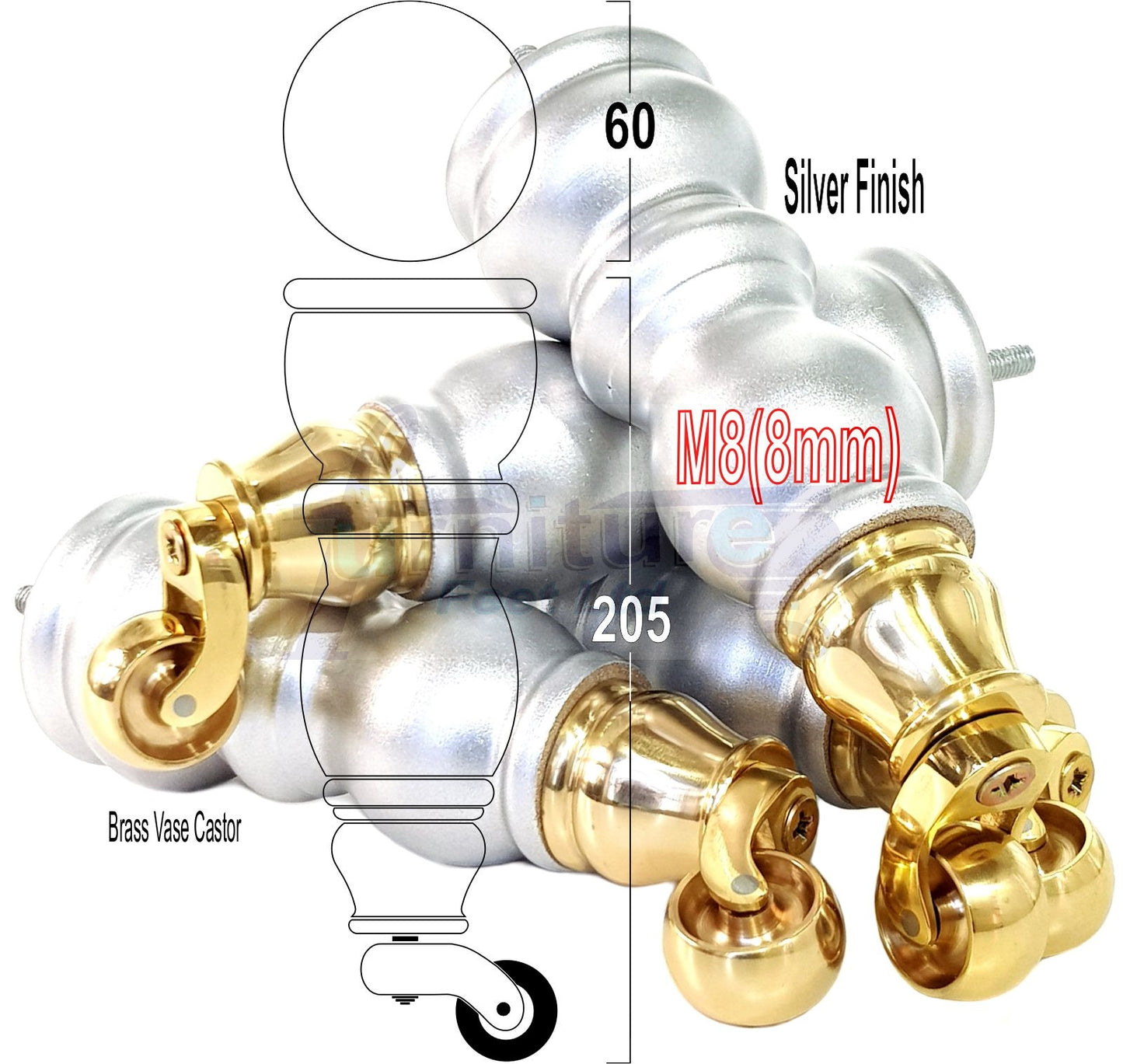 4x Furniture Feet With Castor 205mm High Legs Silver Wood M8 Sofas Chairs Stools Cabinets 8 Inches Tall
