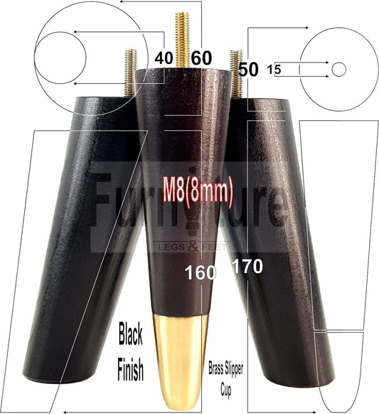 4x Wood Furniture Feet 2 With Brass Slipper Cup M8 Chair Sofa Settee Legs 170mm
