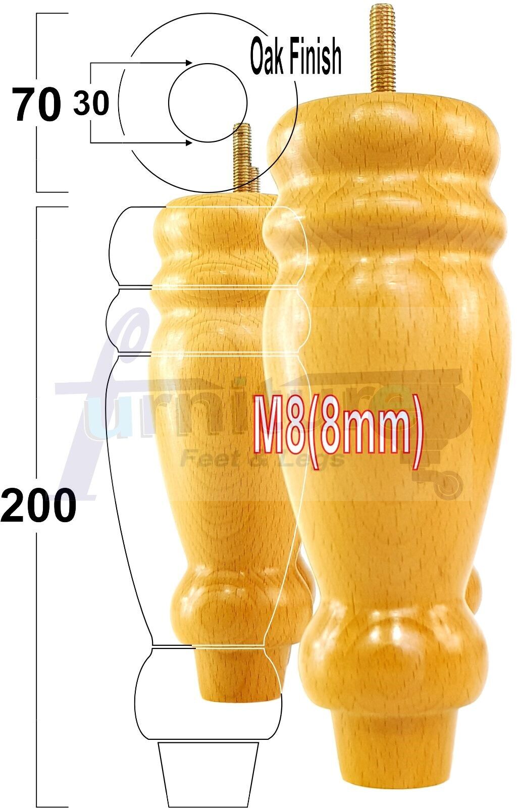 Set Of 4 Turned Furniture Legs Replacement Sofa Feet 200mm High M8 Thread