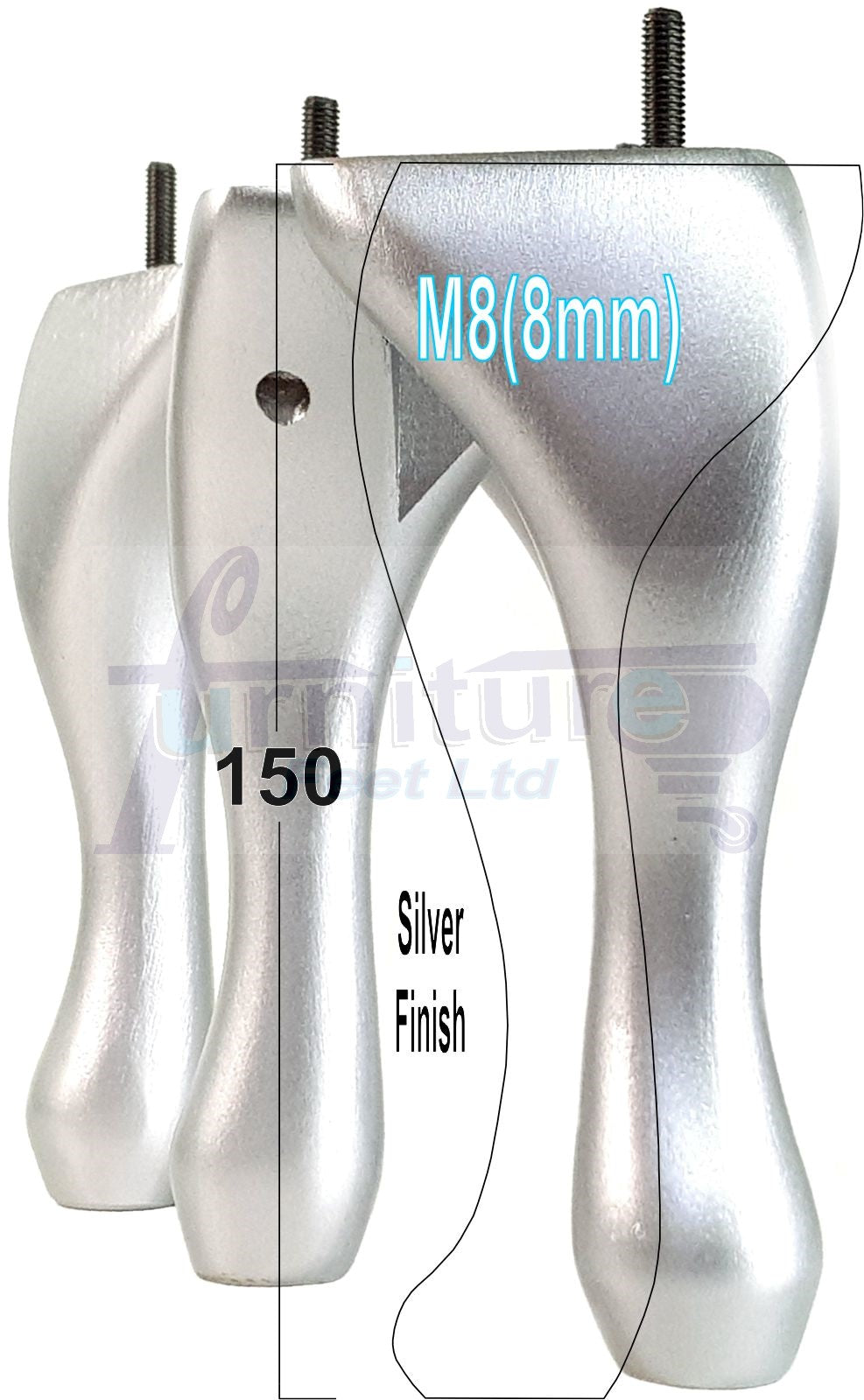 4 Solid Wood Furniture Feet 150mm High Queen Anne Replacement Legs M8 (8mm) 6 Inches Chair Stools Bed Sofa Georgian Style