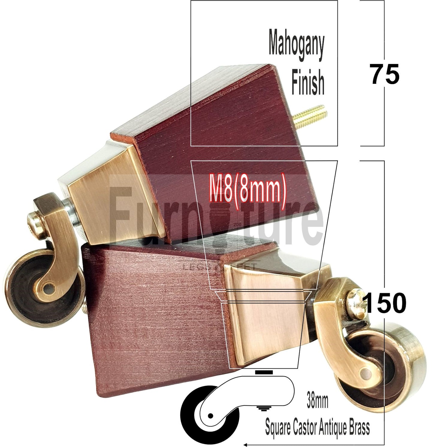 4x Block Wood With Castor Furniture Legs 8mm Thread For Chairs Settees Sofa 150mm