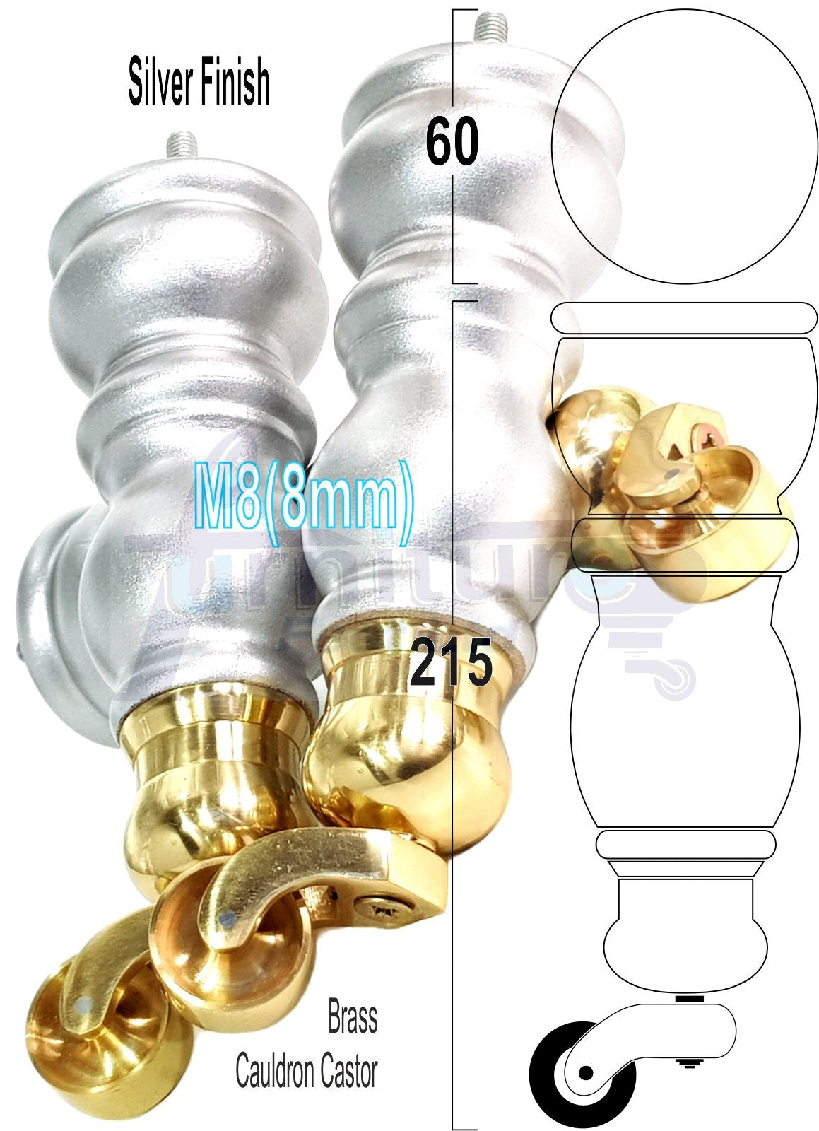 4x Furniture Feet With Castor 205mm High Legs Silver Wood M8 Sofas Chairs Stools Cabinets 8 Inches Tall