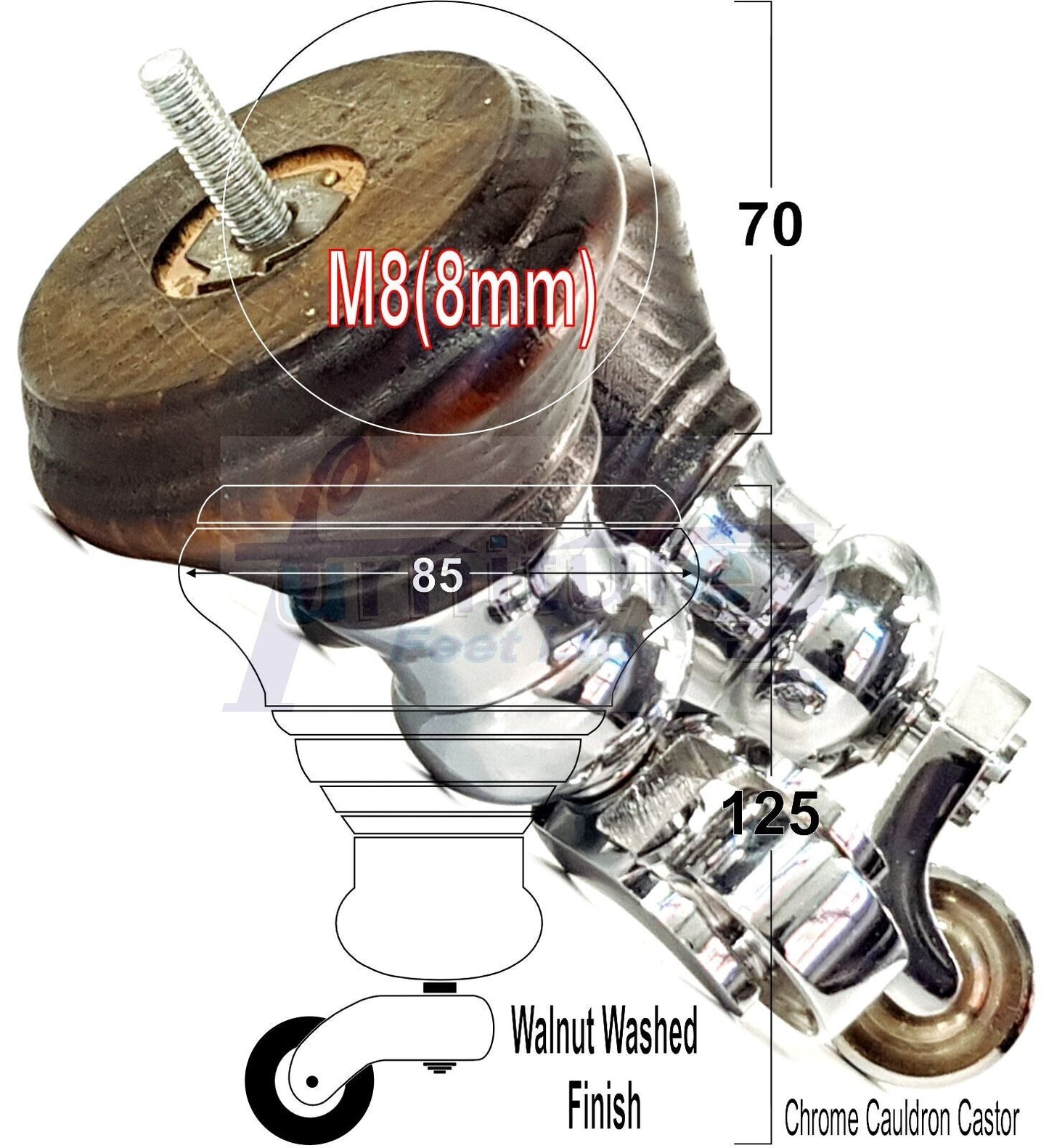 4x Dark Walnut Washed Wooden Furniture Sofa Legs M8 With Castors Replacement Chair Settee Feet 115mm - 125mm High
