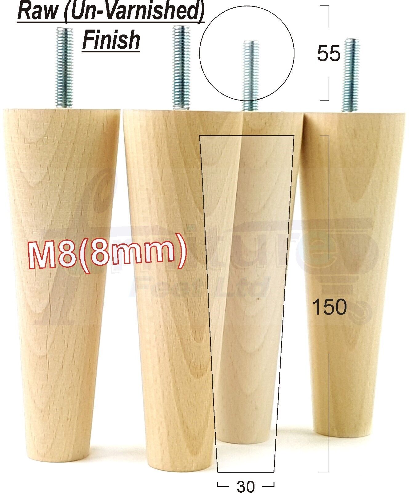 Modern Turned Solid Wood Furniture Feet 150mm High Mid Century Retro Tapered Replacement Legs M8 Set of 4 Sofa Chairs Stools Cabinets Beds