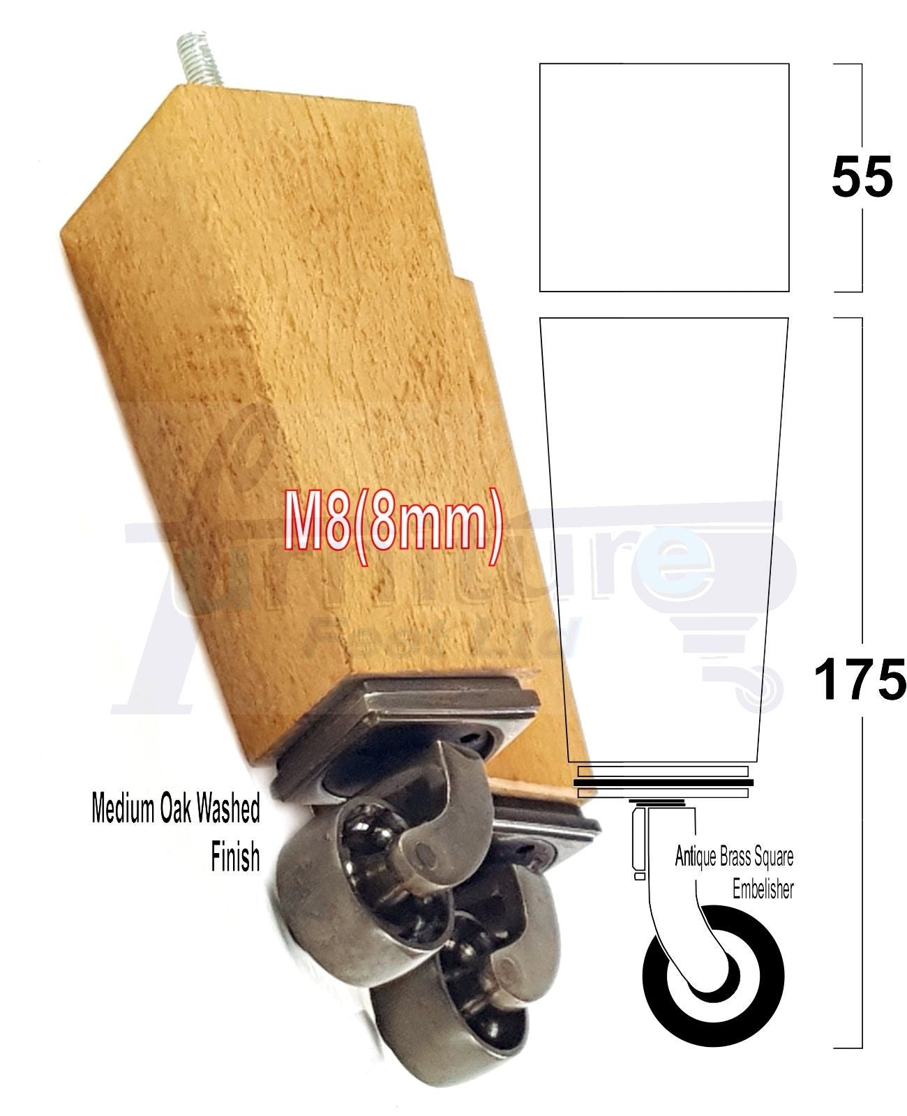 4x Solid Wood Furniture Legs Chair Sofa Bed Replacement Feet 175mm High With Antique Castors 8mm Thread