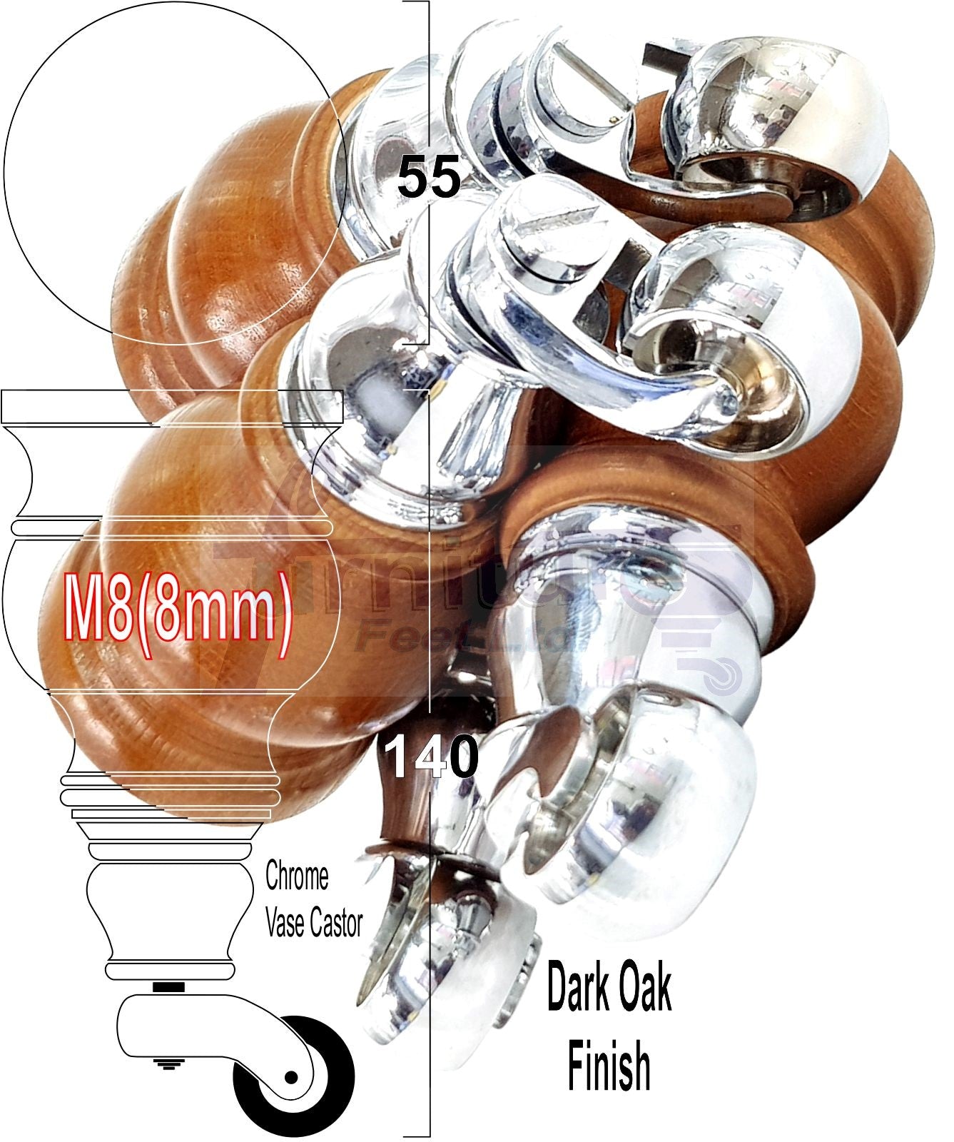 4x Turned Wood Furniture Legs With Chrome Castor Wheels 150mm High M8(8mm)