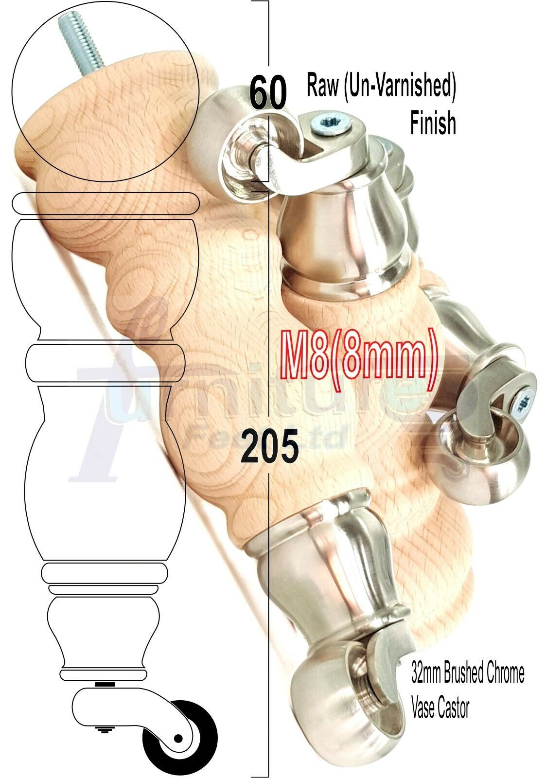 4x Furniture Feet With Castor 205mm High Legs Raw Wood M8 Sofas Chairs Stools Cabinets 8 Inches Tall