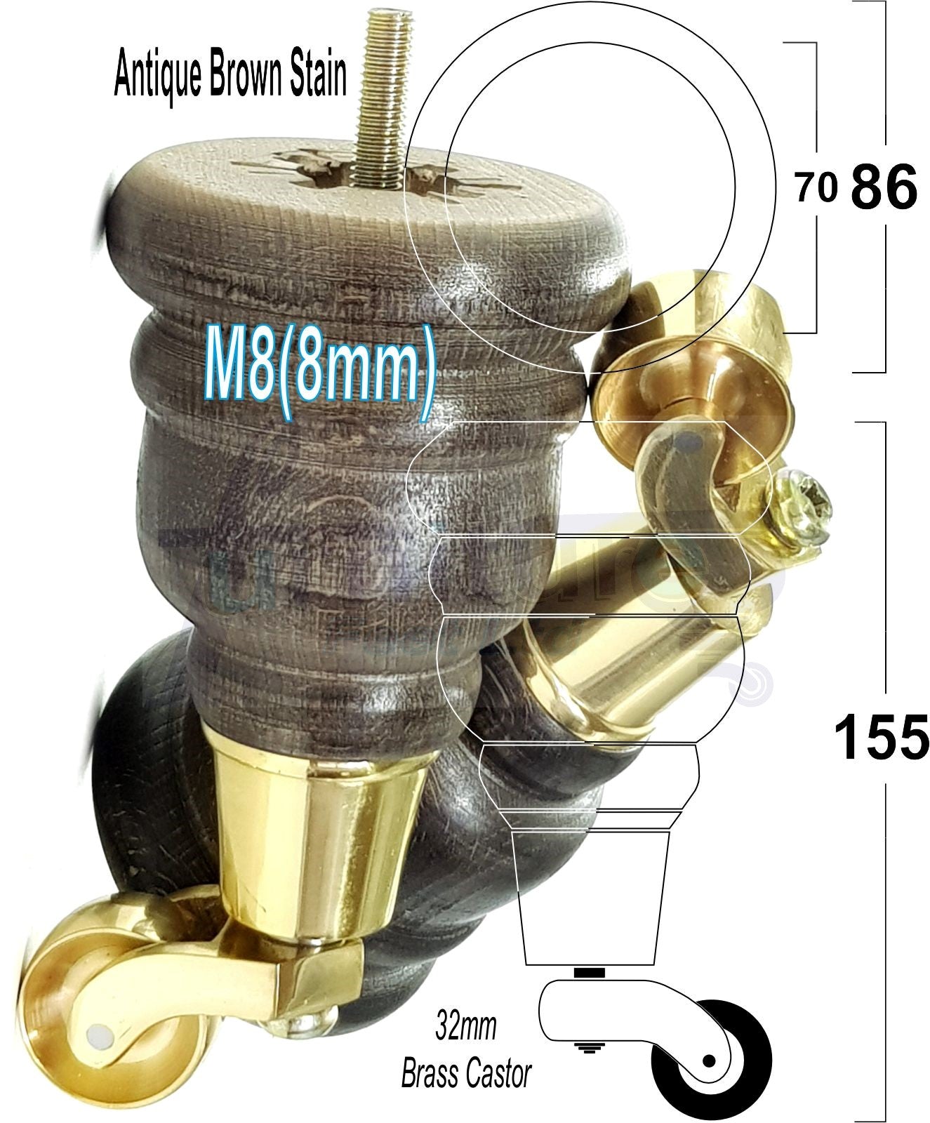 4 Turned Wood Furniture Feet With Brass Castors 155mm Legs Sofas Chairs Stools Cabinets Beds M8 6 Inches