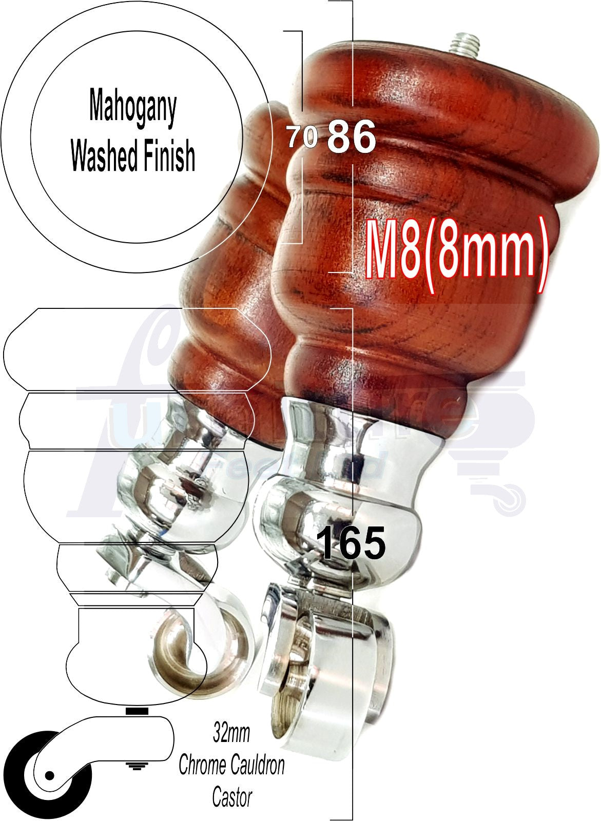 4 Turned Wood Furniture Feet With Chrome Cauldron Castors 155mm Legs Sofas Chairs Stools Cabinets Beds M8 6 Inches