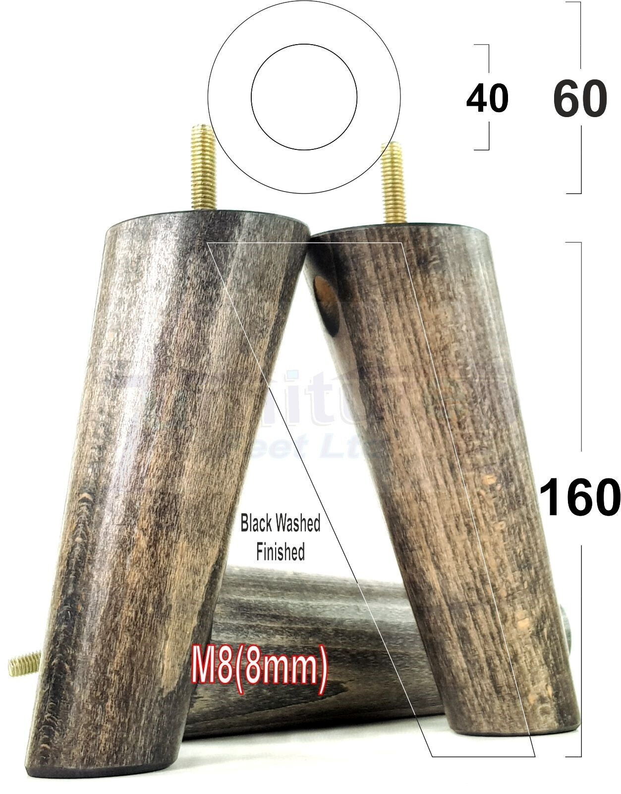 4 Solid Wood Turned Furniture Feet Replacement Mid Centry Angled Retro Legs 160mm High M8 Sofa Chairs Stools Cabinets Beds