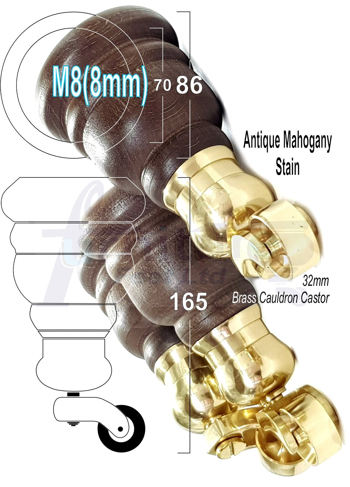 4 Turned Wood Furniture Feet With Brass Cauldron Castors 160mm Legs Sofas Chairs Stools Cabinets Beds M8 6 Inches