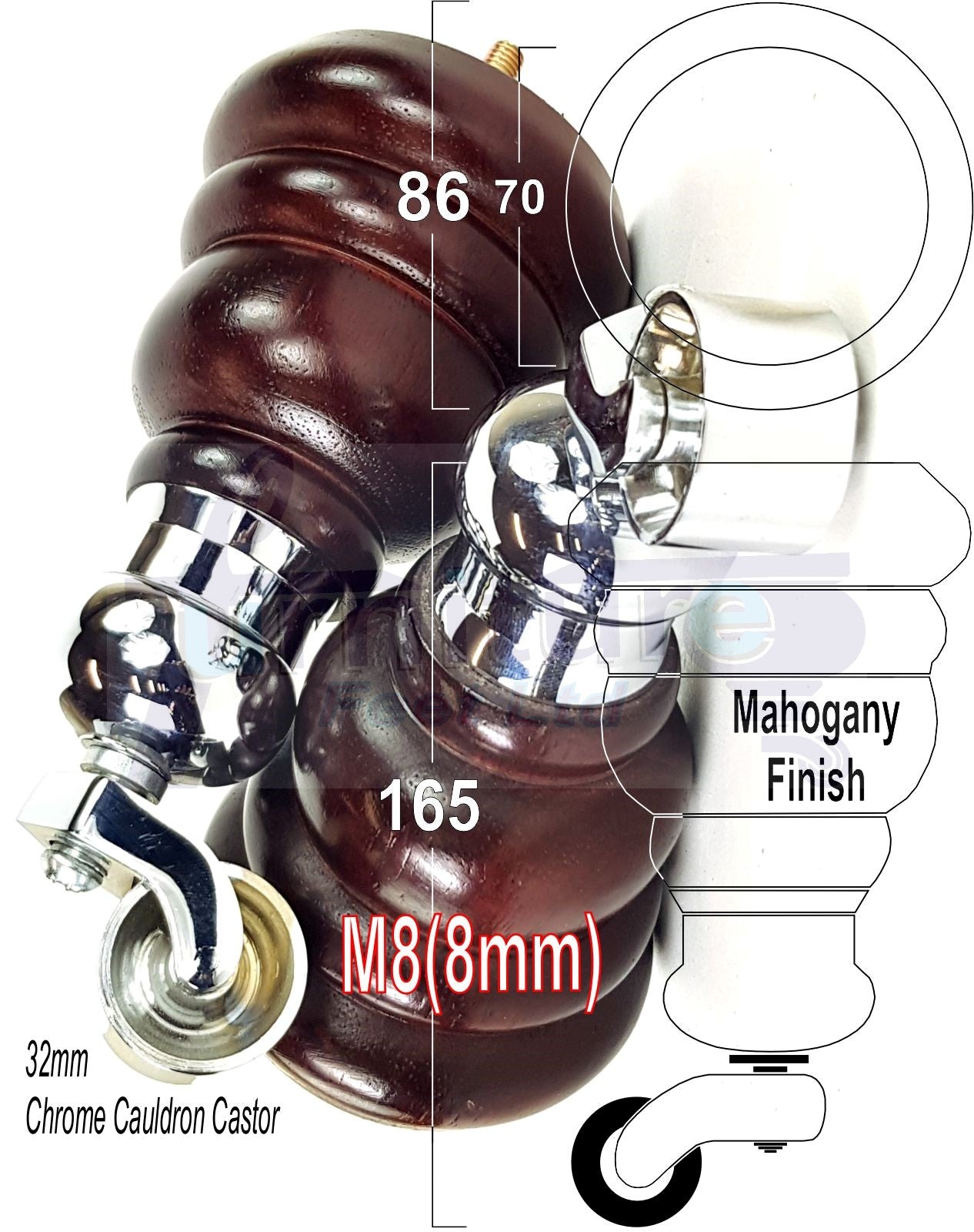 4 Turned Wood Furniture Feet With Chrome Cauldron Castors 155mm Legs Sofas Chairs Stools Cabinets Beds M8 6 Inches