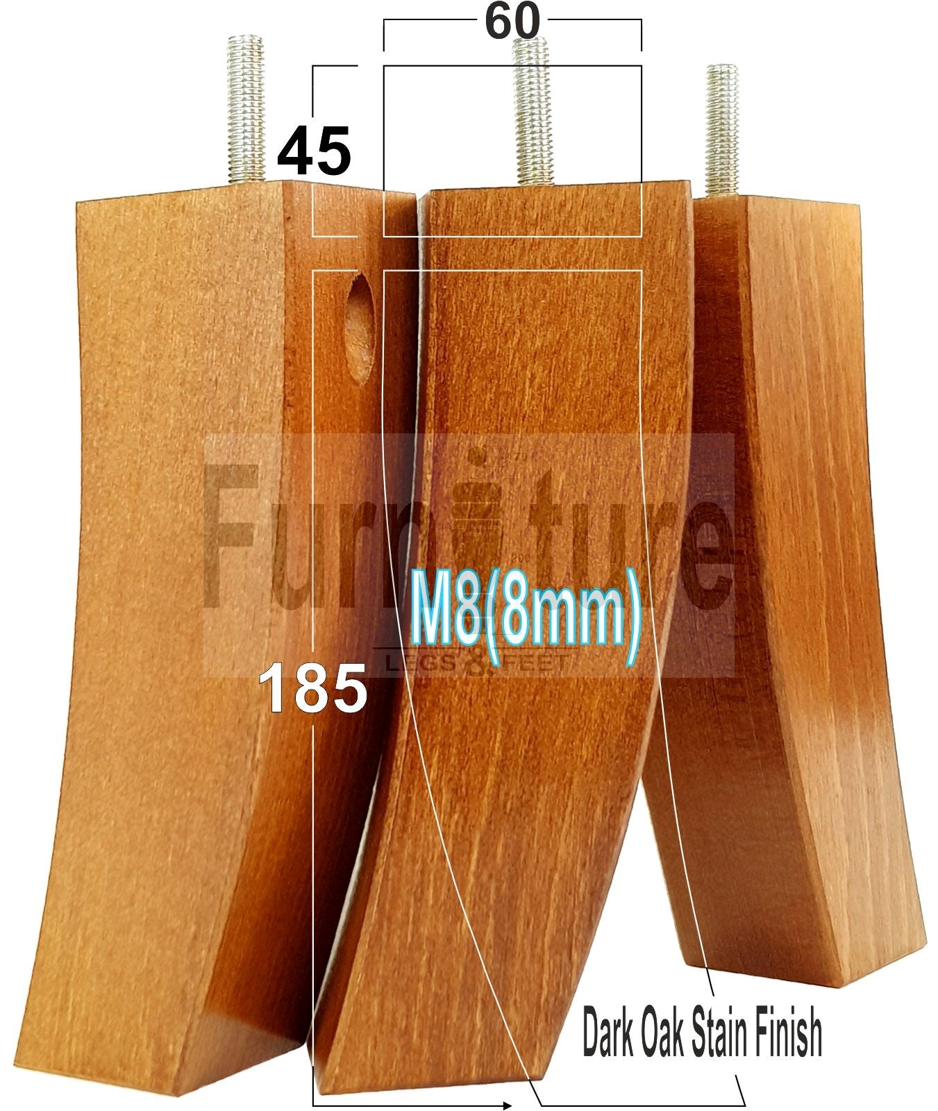 Set Of 4 Solid Wood Curved Furniture Feet Replacement Legs 185mm High M8(8mm)