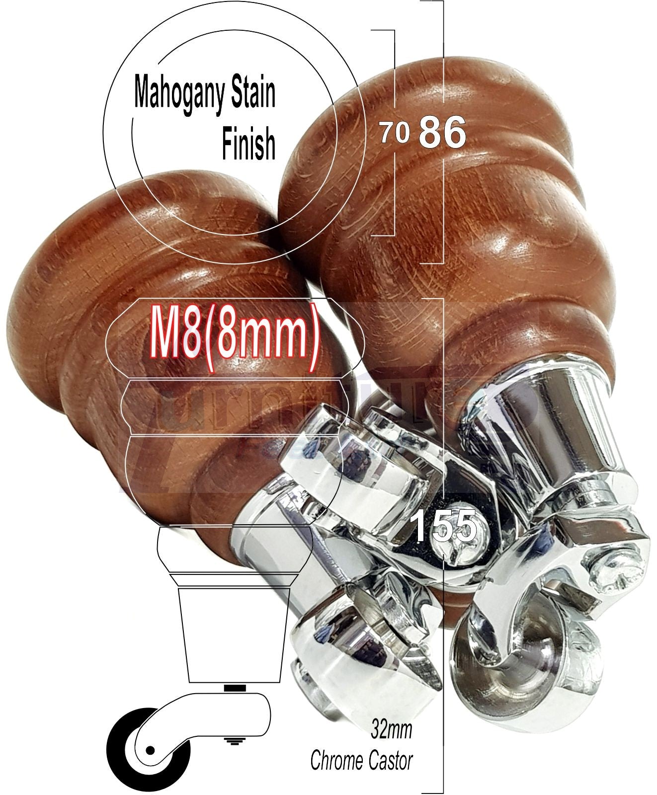 4 Turned Wood Furniture Feet With Chrome Castors 155mm Legs Sofas Chairs Stools Cabinets Beds M8 6 Inches
