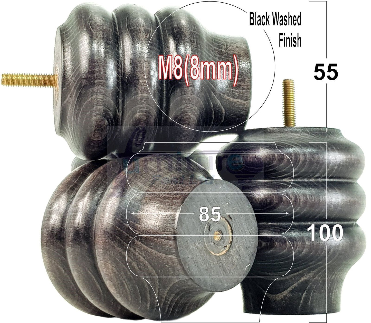 Set Of 4 Solid Wood Turned Furniture Legs Replacement Bun Feet 100mm High 8mm Thread