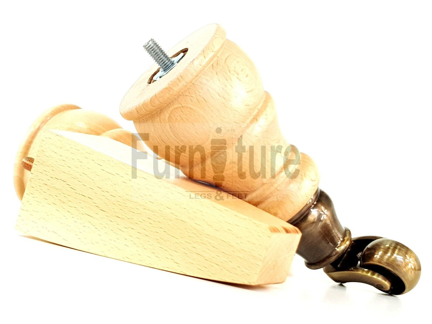 2 Wooden Castor Furniture Sofa Legs & 2 Curved Back Feet  Natural M8 Chair Settee Feet 160mm High