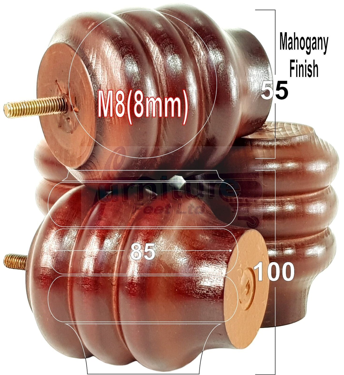 Set Of 4 Solid Wood Turned Furniture Legs Replacement Bun Feet 100mm High 8mm Thread
