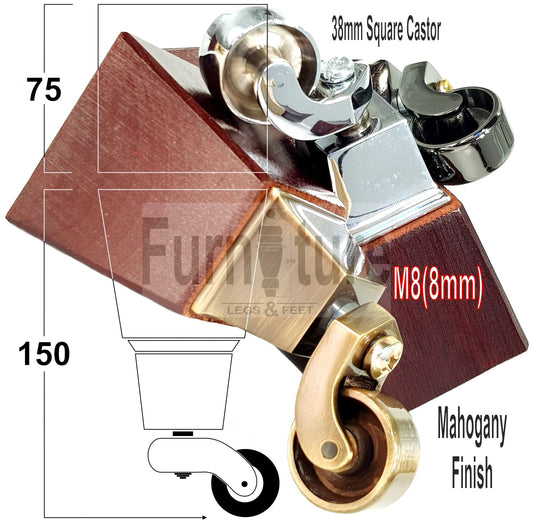 4x Block Wood With Castor Furniture Legs 8mm Thread For Chairs Settees Sofa 150mm