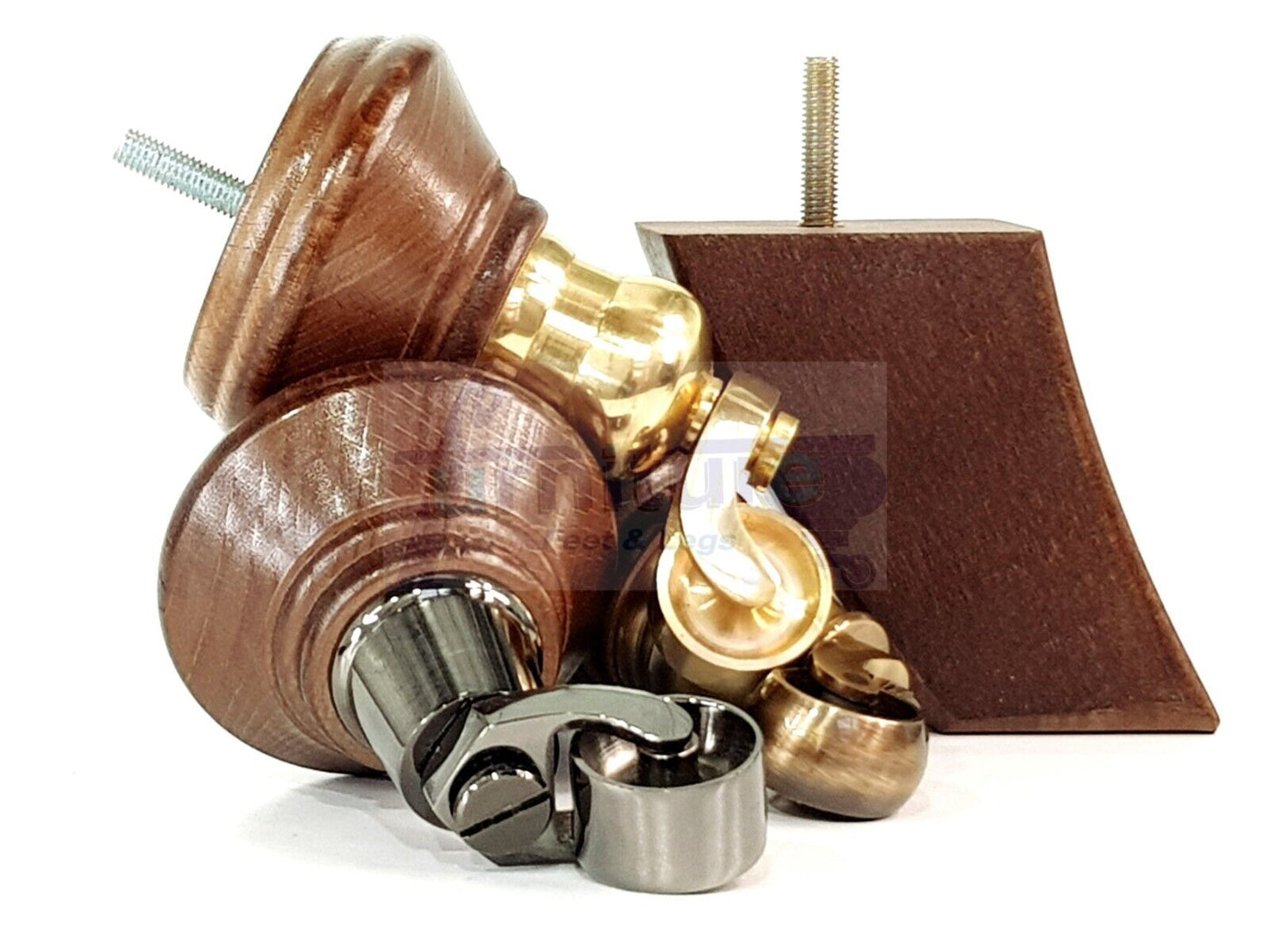 2 Antique Mahogany Stain Wood Furniture Sofa Feet With Castor 125mm & 2 Curved Legs Chair Settee 100mm High M8