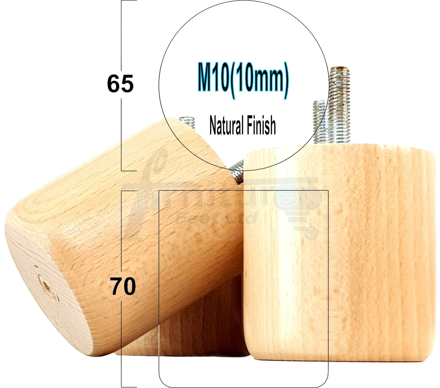 4x Solid Wood Turned Furniture Legs Replacement Bun Feet 70mm High 10mm Thread