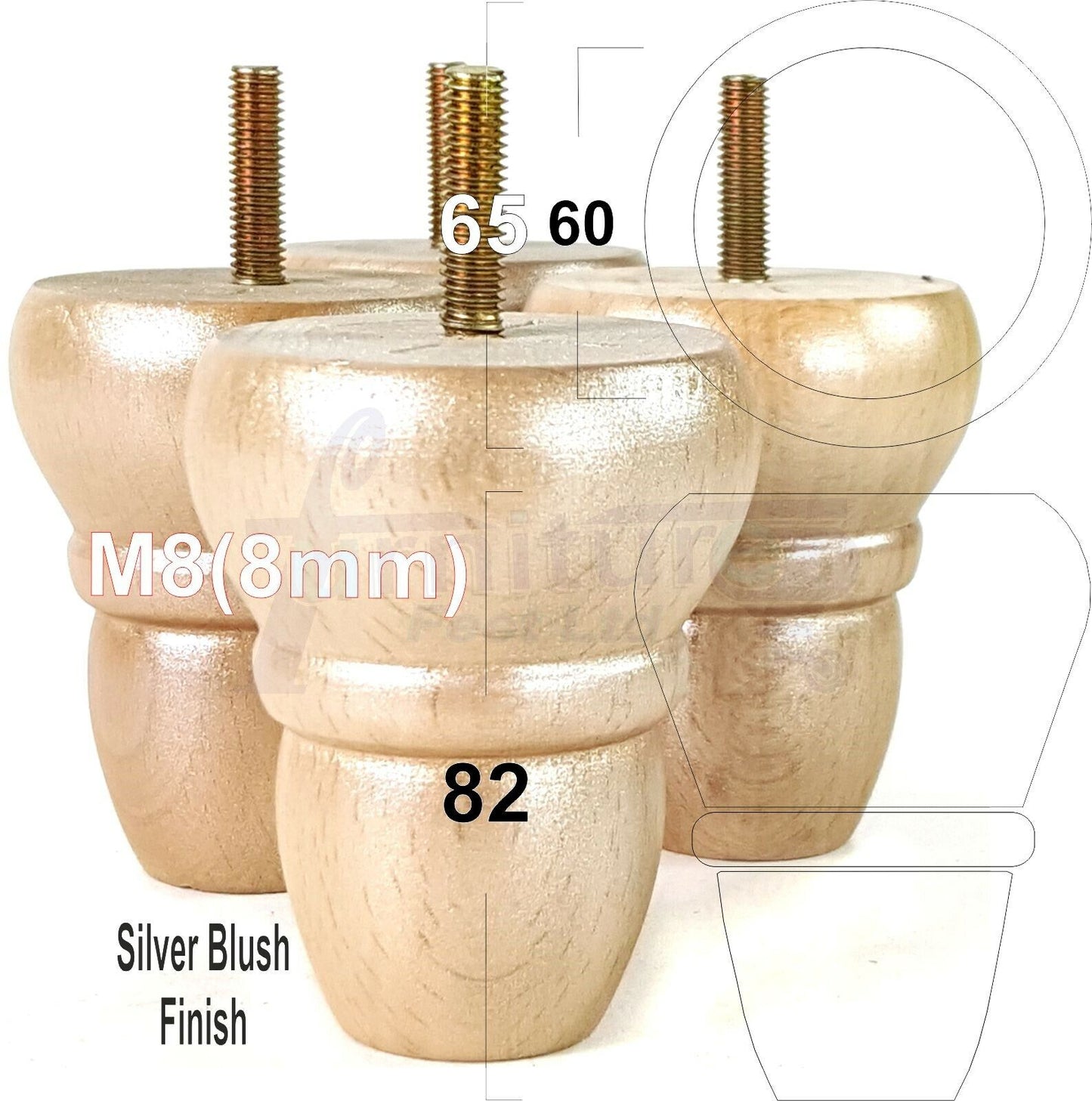 4x Turned Wood Repacement Furniture Legs M8 Sofa Chair Settee Feet 82mm