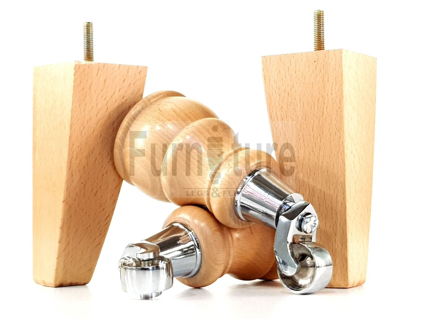 2 Wooden Castor Furniture Sofa Legs & 2 Curved Back Feet  Natural M8 Chair Settee Feet 160mm High