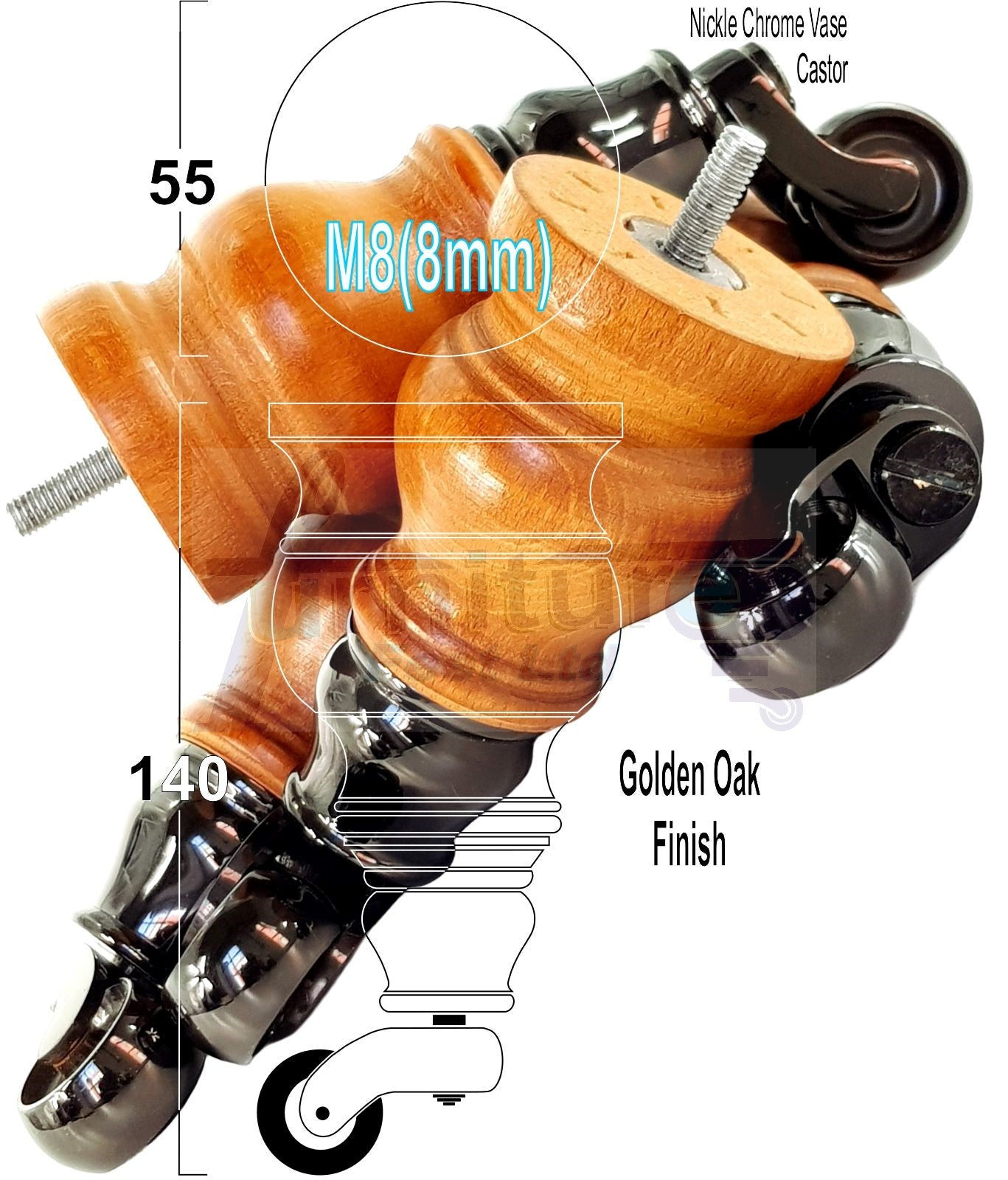 Set Of 4 Turned Wood Furniture Legs With 150mm High Castor 8mm Thread For Chairs Settees & Cabinets Golden Oak Finish