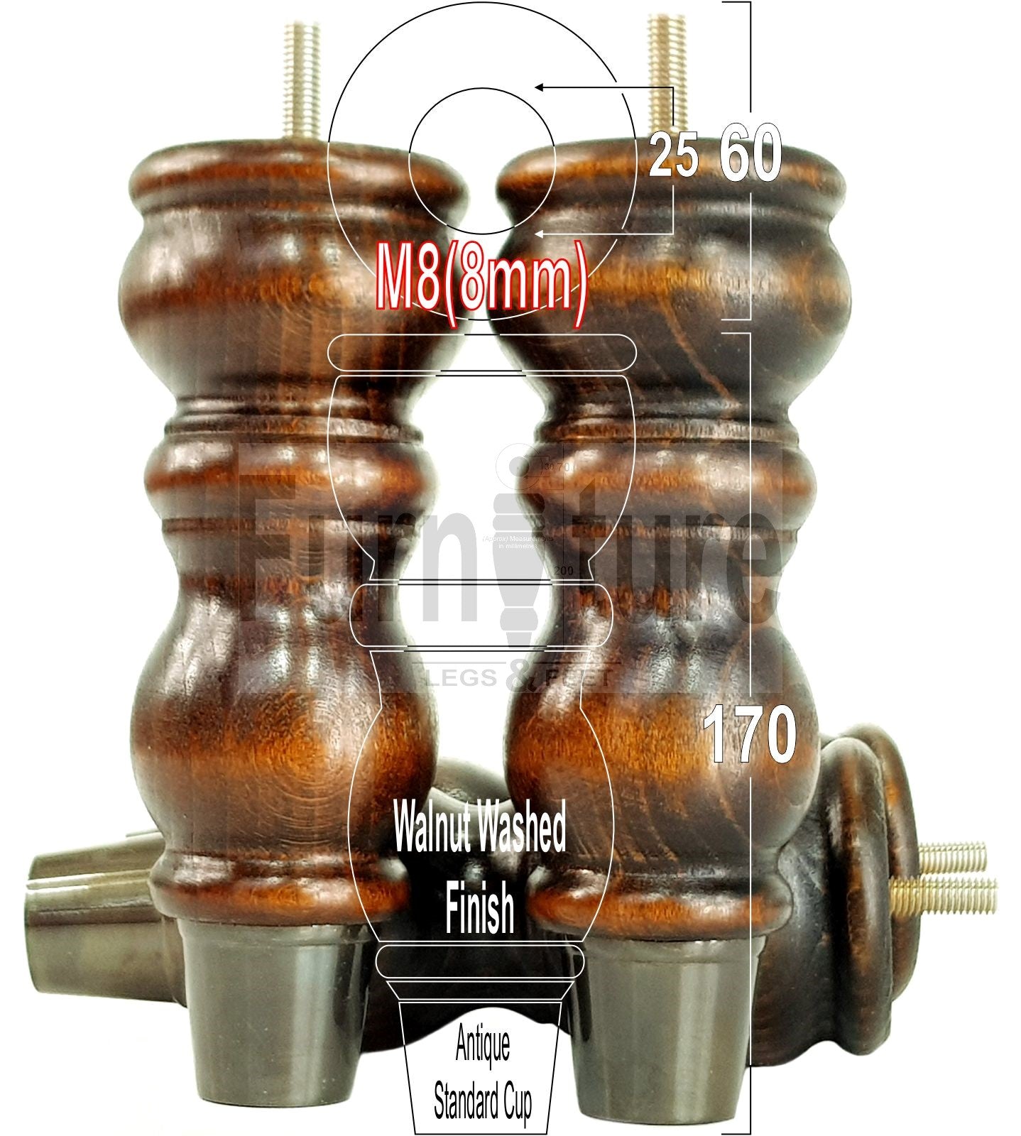 4x Furniture Feet With Slipper Cup 175mm High Legs Dark Walnut Finish Wood M8 Sofas Chairs Cabinets