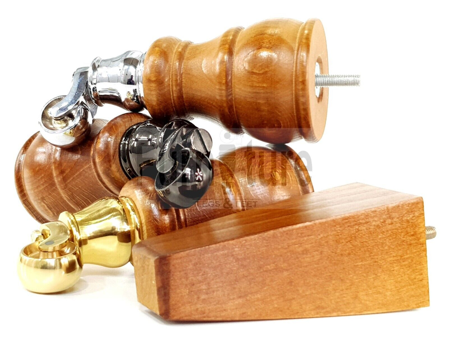 2 Wooden Castor Furniture Sofa Legs & 2 Curved Back Feet  Dark Oak Stain M8 Chair Settee Feet 160mm High