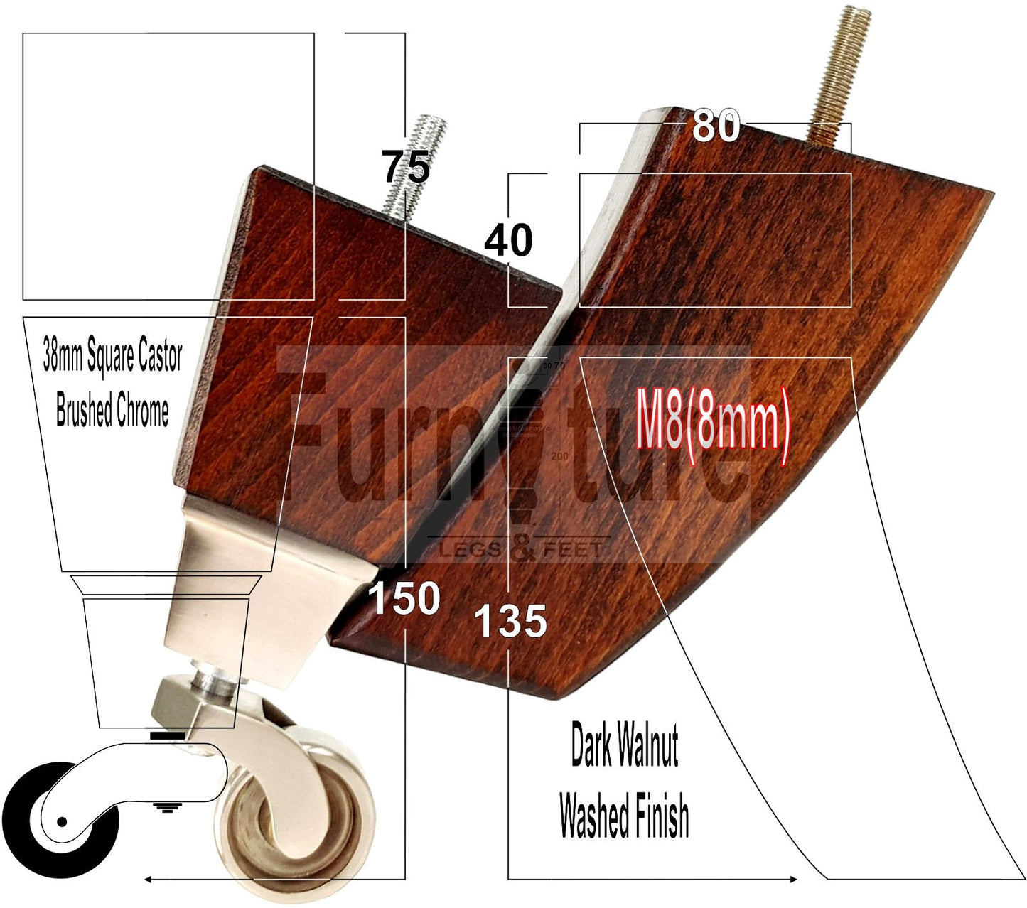 4x Block Wood Furniture Legs With Castor 8mm Thread For Chairs Settees Sofa 150mm High