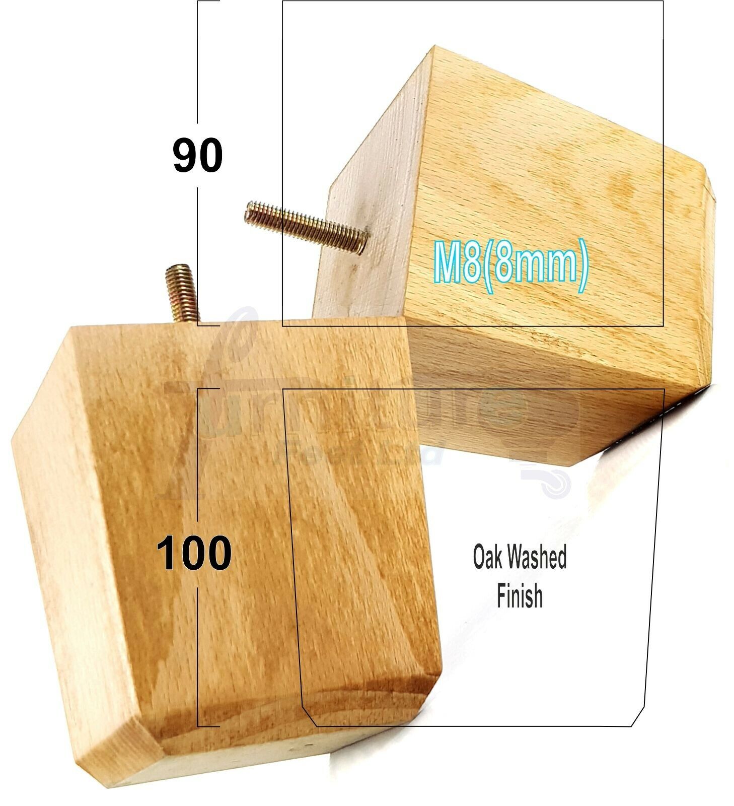 4x Solid Wood Square Furniture Legs Block Replacement Feet 100mm M8(8mm)